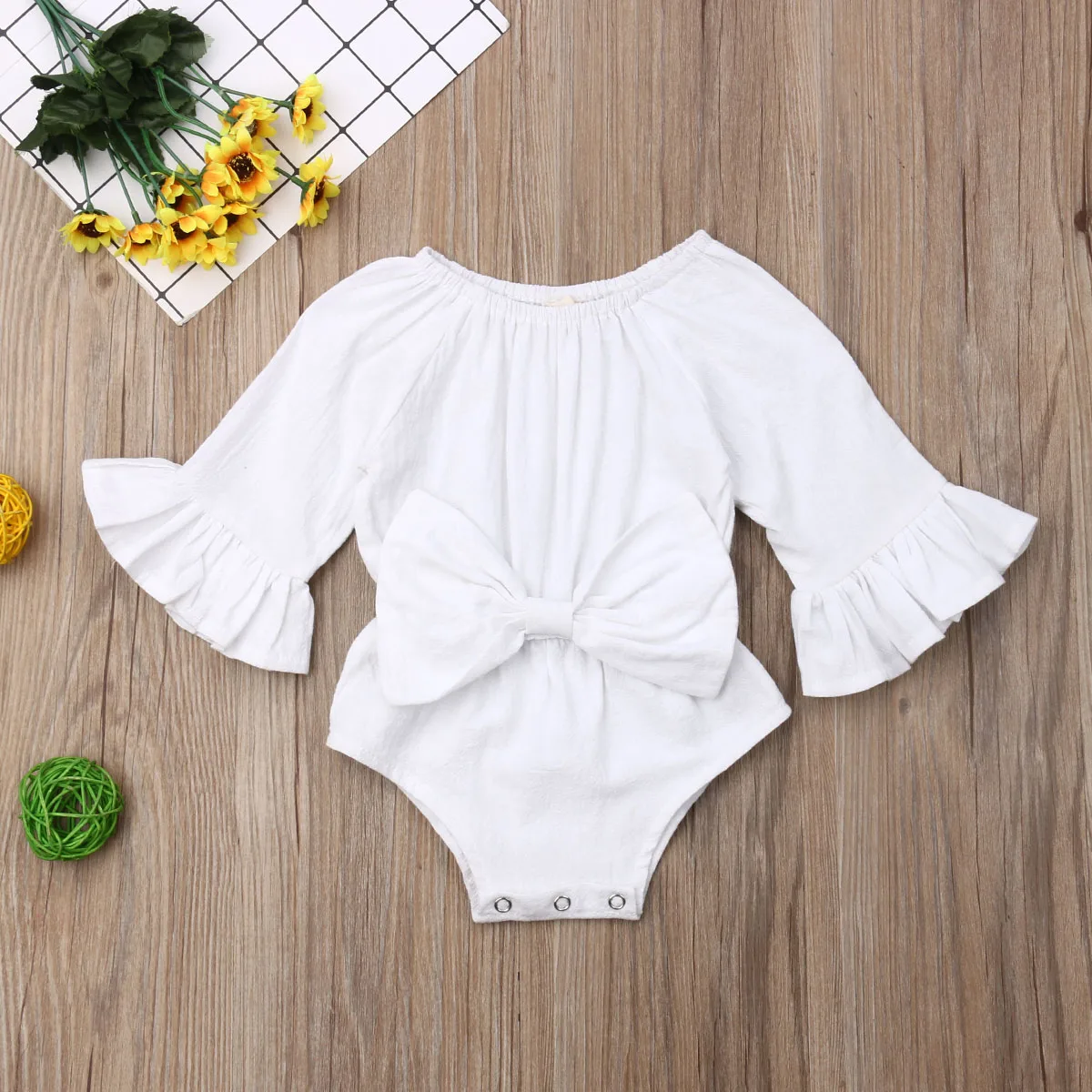 Pudcoco Newborn Baby Girl Clothes Solid Color Long Sleeve Bowknot Receive The Waist Cotton Romper Jumpsuit One-Piece Outfit Set