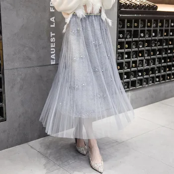 

U-SWEAR 2020 new spring and summer pleated mesh skirt lace beading big skirt in the long section of the skirt fairy skirt Slim