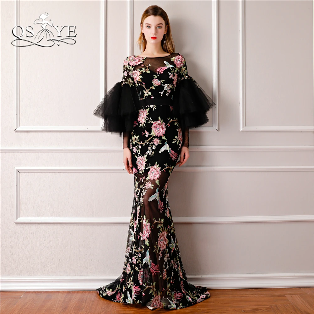 QSYYE 2018 nuevos vestidos de noche formales de Arabia Saudita estampado 3D flores de larga Sexy negro sirena vestido de fiesta largo|Vestidos de - AliExpress