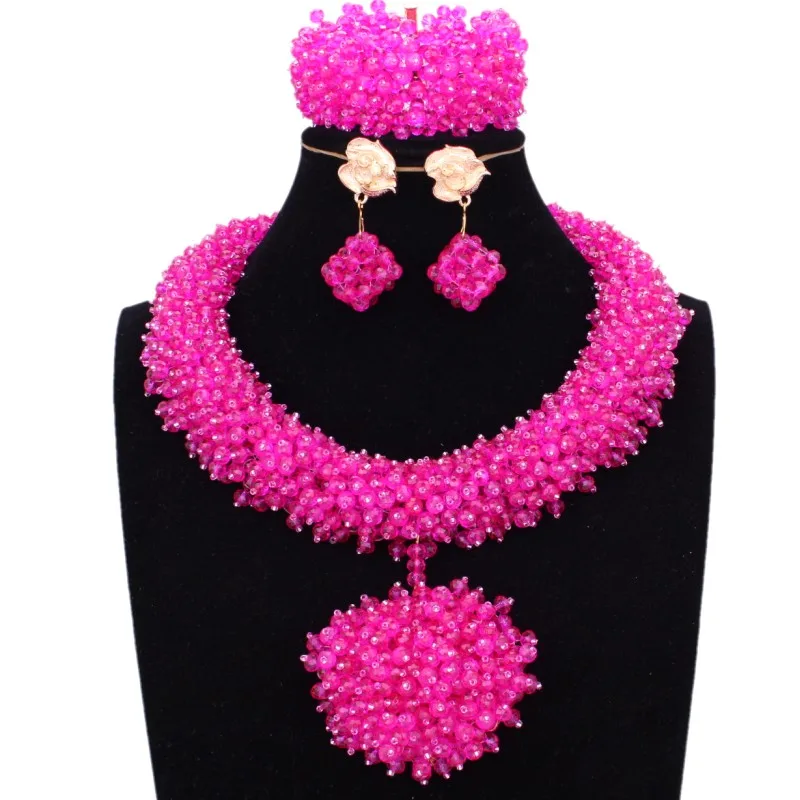 

4UJewelry 2018 Luxury African Bridal Necklace Big Balls Fuchsia / Hot Pink Wedding Jewelry Sets For Brides Round Jewellery Set