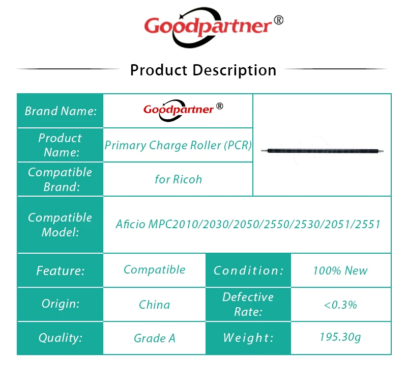 1X MPC2030 Вал первичного заряда PCR для Ricoh Aficio MP C2010 C2030 C2050 C2550 C2530 C2051 C2551