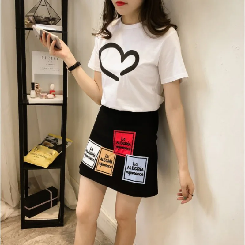 

2 Pcs/Set Korean Style Short Sleeved T-shirt + Skirt Women Sets High Waist Skirt Two-piece Suit