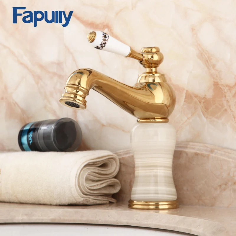 

Fapully Marble Basin Faucet Single Handle Gold Finish Basin Sink Mixers Taps Jade Brass Body Deck Mounted 556-11G