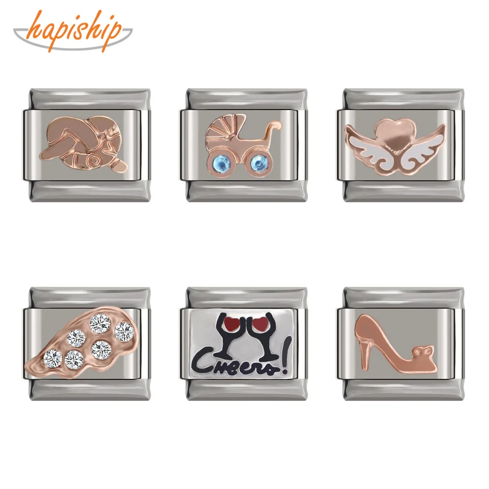 

Hapiship 9mm Width Original Daisy Heels Pram Angle Wing Bowknot Love Luck Cheers Charm Fit Bracelet Stainless Steel Links DJ121