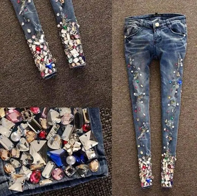 2014 HOT New Arrival High Fashion Women's Dimensional Gem Jeans ladies