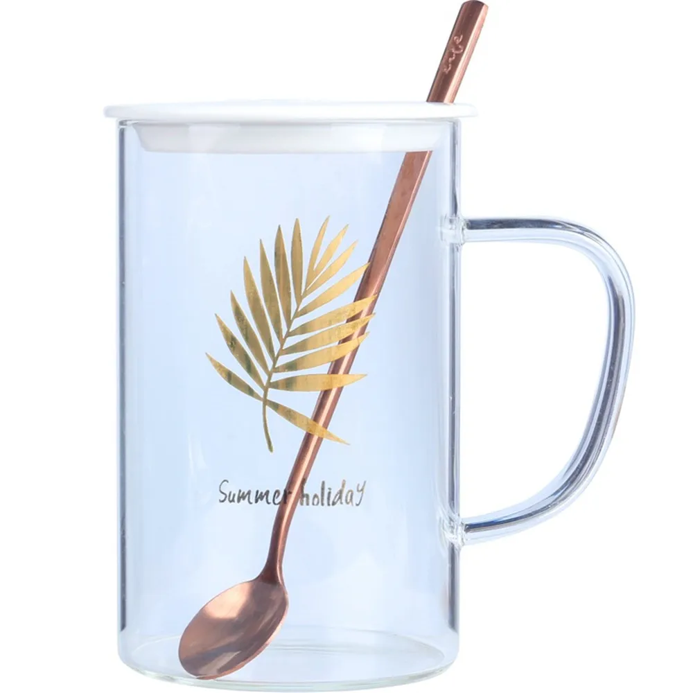 

Modern Nordic Transparent Glass Cup with Cover and Rose Gold Spoon Chic High Temperature Coffee Milk Tea Cups for Home Breakfast