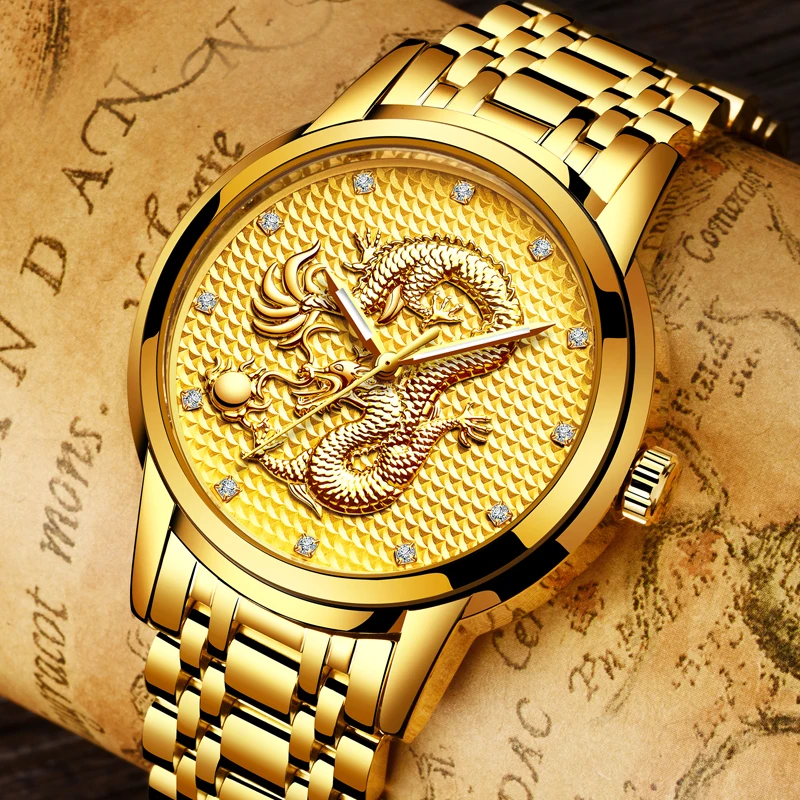 Relogio masculino, оригинальные мужские часы LIGE s, Лидирующий бренд, Роскошные Кварцевые часы с золотым Драконом и скульптурой, мужские полностью Стальные наручные часы+ коробка
