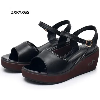 

New Black Cowhide Rhinestone Open Shoes Women Leather Sandals 2019 Platform Wedges Summer Sandals Women Shoes High Heel Sandals