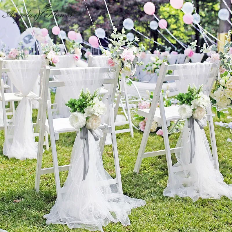 

Handmade artificial bridal bouquet chair back flower Church banquet wedding decor flower bunch + Chair cover yarn garland rose