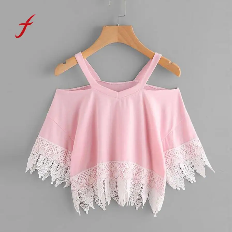 

Women Summer Solid Decorative Border Hollow Out off Shoulder Top Blouse