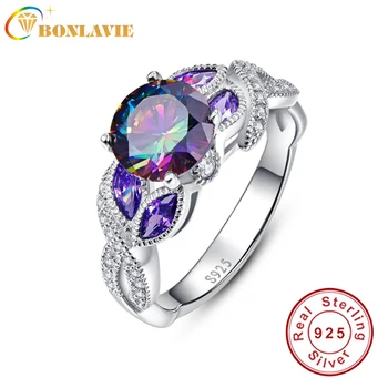 

BONLAVIE 925 Sterling Silver Mystical Rainbow Topaz Rings with Sapphire Accent Stone Fashion Design Engagement Wedding Band Ring