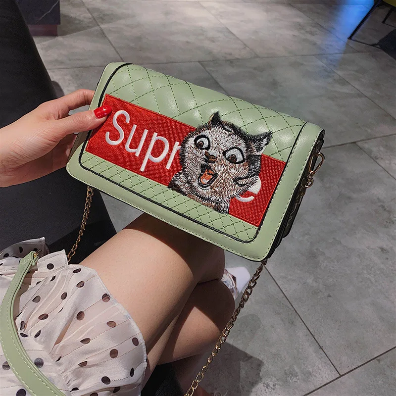

Cartoon Cat Printed Small Square Bag Quilted Designer Handbags Multi-functional Women Purse Hit Color Shoulder Crossbody bags