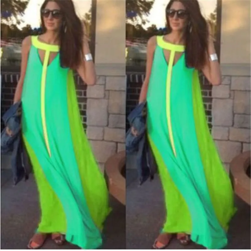 IDress Women Summer 2015 Casual Maxi Summer Dress Long Patchwork Loose Bohemian Beach Vestidos Contrast Color Chiffon Maxi Dress (13)