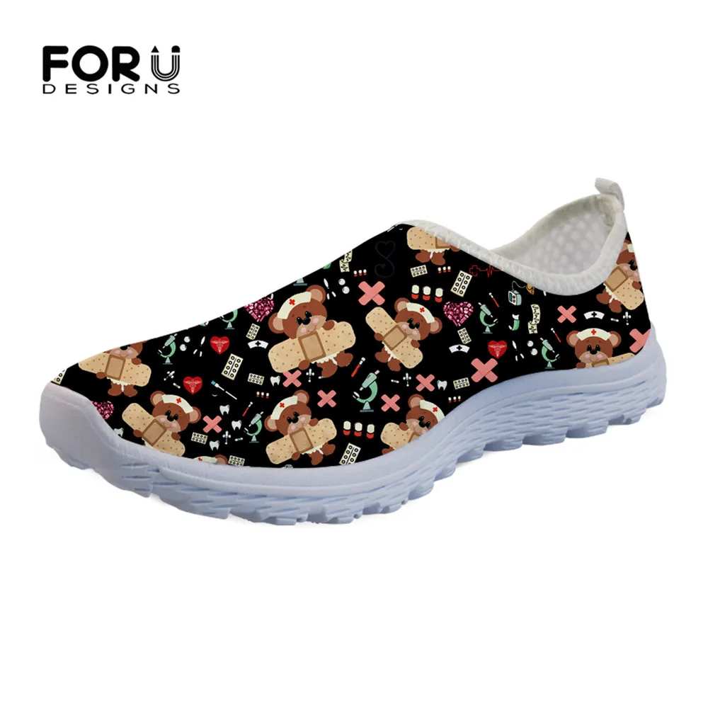 

FORUDESIGNS Flats Ladies Shoes Fashion Casual Sneakers Black Women Cartoon Cute Nurse Bear Pattern Light Mesh Shoes for Female