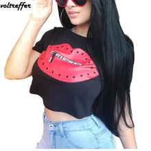 Летние Стильные красные губы Принт туника для женщин Повседневная Корейская верхняя футболка с коротким рукавом хип хоп женские футболки сексуальные