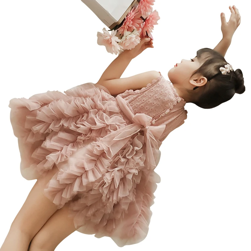 Летние платья с фатиновой юбкой для девочек от 3 до 12 лет, элегантное винтажное праздничное платье с большим бантом для дня рождения Корейская балетная пачка для маленьких девочек, бальное платье
