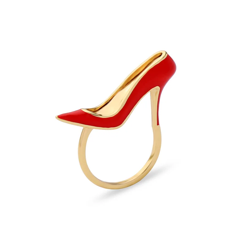 

Fashion High Quality Red Enamel High-heeled Ring For Women Handmade Wedding Glass Copper Ring Jewerly Accessory