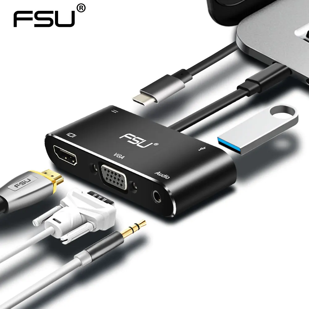 FSU USB C HDMI Cable Type C to VGA Thunderbolt 3 Adapter for MacBook Samsung S9/S8 Huawei Mate 20 P20 Pro USB-C HDMI VGA HUB