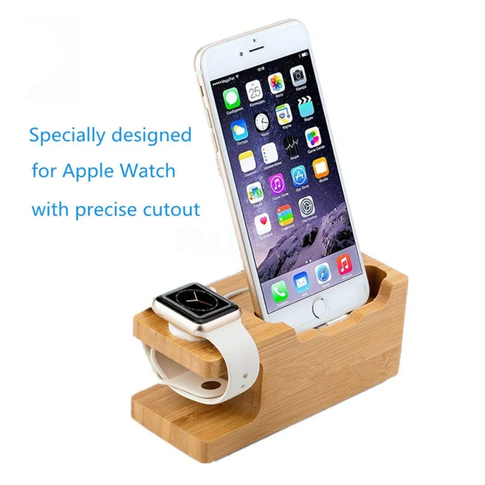 

2-in-1 Wood Holder Desktop Stand for iPad Tablet Bracket Docking Holder Charger for iPhone Charging Dock for Apple Watch