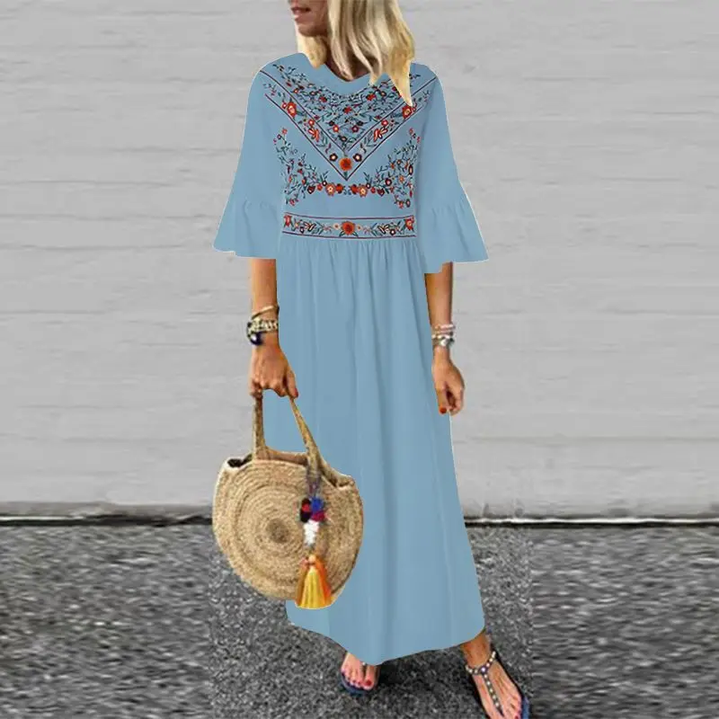 ZANZEA женский летний сарафан с оборками богемный цветочный принт наряд кафтан на пляж повседневное о-образный вырез 3/4 рукав макси длинное платье