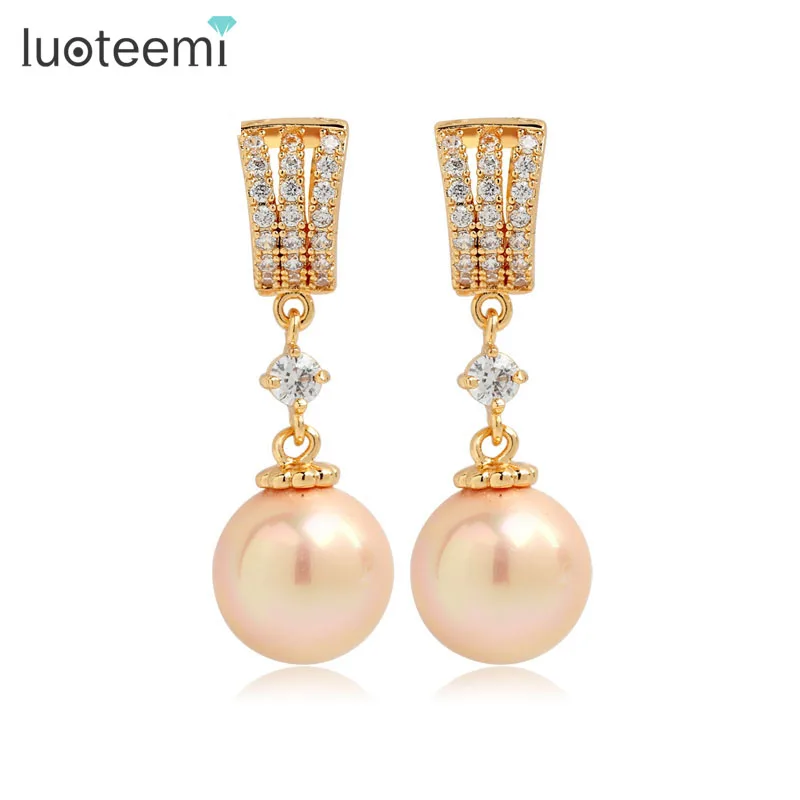 

LUOTEEMI Wholesale Luxury Romantic Cubic Zircon Dangle Simulated Pearl Earrings for Women Elegant Evenning Dress Accessories