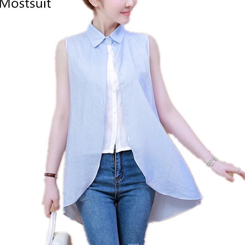 

2019 Summer Striepd Sleeveless Cardigan Shirts Women Plus Size Fake Two Pieces Office Korean Elegant Blouses Blusas Mujer Tops