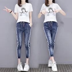 New fashion in 2019 Women Sequined Cartoon picture Pattern Letter Short Sleeve Tshirt +Jeans 2PCS Clothing Sets Suits
