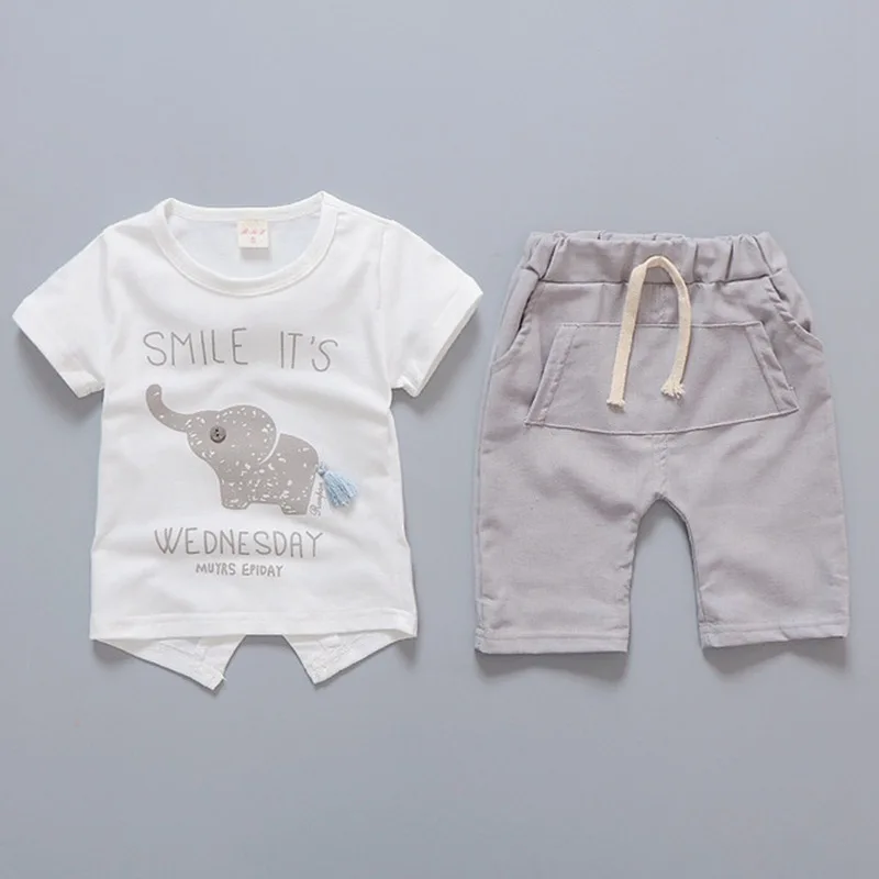 COOTELILI/Летняя одежда для маленьких девочек и мальчиков с милым слоном; комплект детской одежды; летняя футболка для маленьких мальчиков+ шорты; хлопковые костюмы - Цвет: Хаки