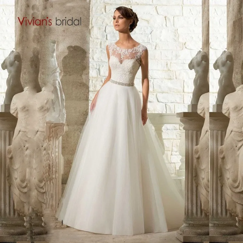 

Vivian's Bridal 2018 Sequin Sashes Sweetheart Illusion Mesh Wedding Dress A-line Sleeveless O-neck Lace Appliques Bridal Dress