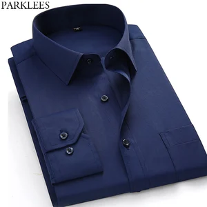 Classic Solid Work Shirt Men Business Casual Slim Fit Male Navy Blue Button Down Dress Shirts Brand Long Sleeve