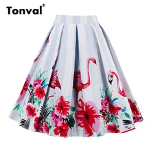 Тонвал, плиссированные юбки, женская свинг юбка с фламинго,, высокая талия, роскошный рисунок в нижней части, ретро стиль, цветочная юбка средней длины