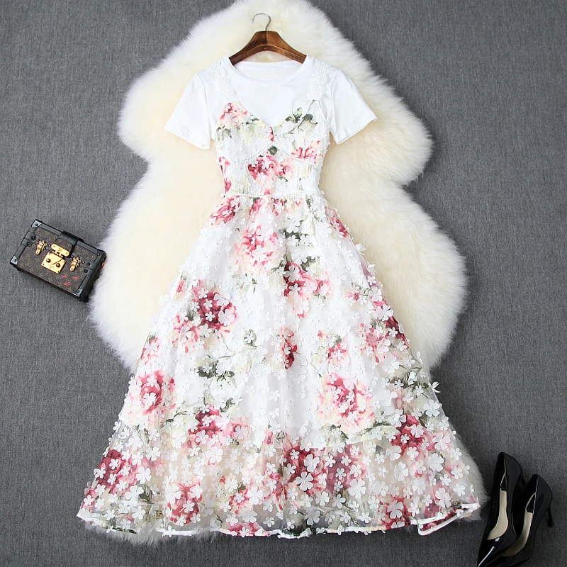 

summer elegant dress A Line 2019 new Short sleeve T-shirt clothing set Flower dresses autumn women ladies office lady Dress S xl