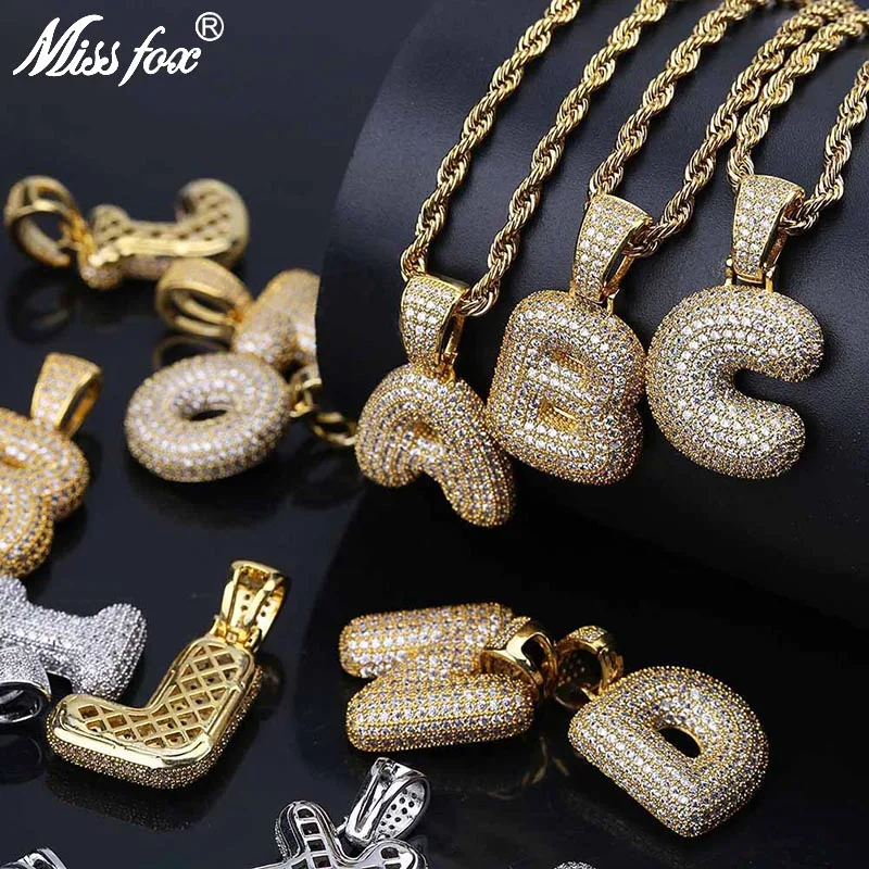 

MISSFOX Hip Hop A-Z Men Letter Necklace 26 Alphabet Locket Pendant Iced Out Gold/Rose Gold/Silver Nameplate Necklace No Chain