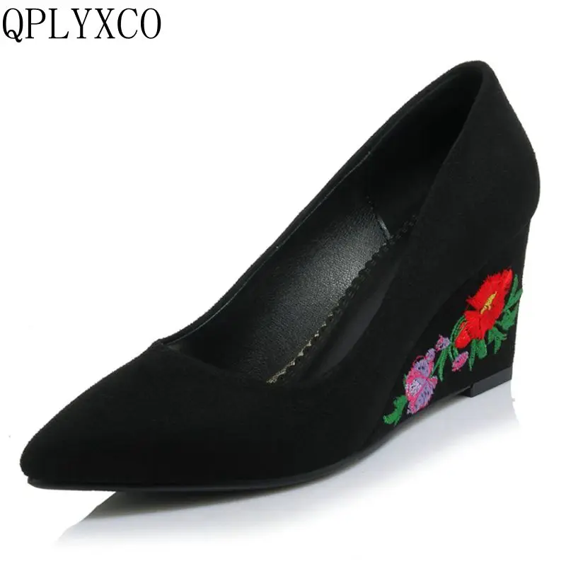 

QPLYXCO Ethnic Embroidery Fashion Women Pumps Size 32-42 pointed toe High Heels Wedges Platform Wedding Party Shoes woman 18-36