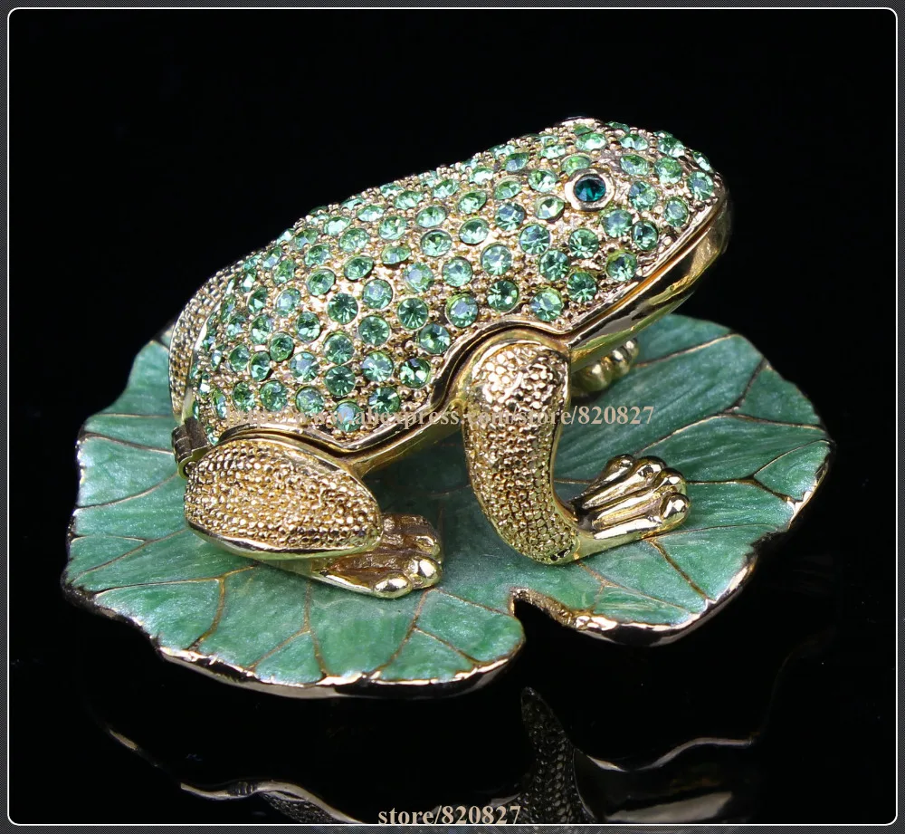 Frog on Lotus Jeweled Jewelry Pill Box Hand-crafted Metal and Hand-painted High-gloss Enamel with Crystal Jeweled Accents