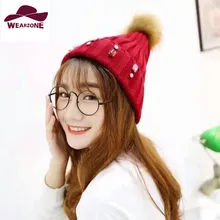 2017 новый женщины шляпы вязание Skullies Beanies шляпы Beanies шапки Из Искусственного Меха волос мяч со Стразами Заклепки Украшения Помпоном