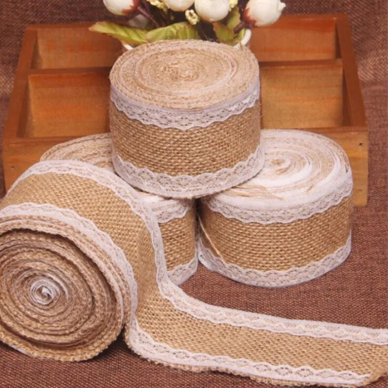 

2meters Natural Jute Burlap Hessian Ribbon With Lace Roll Trims Tape Rustic Wedding Decor Wedding Cake Topper Decoration Mariage