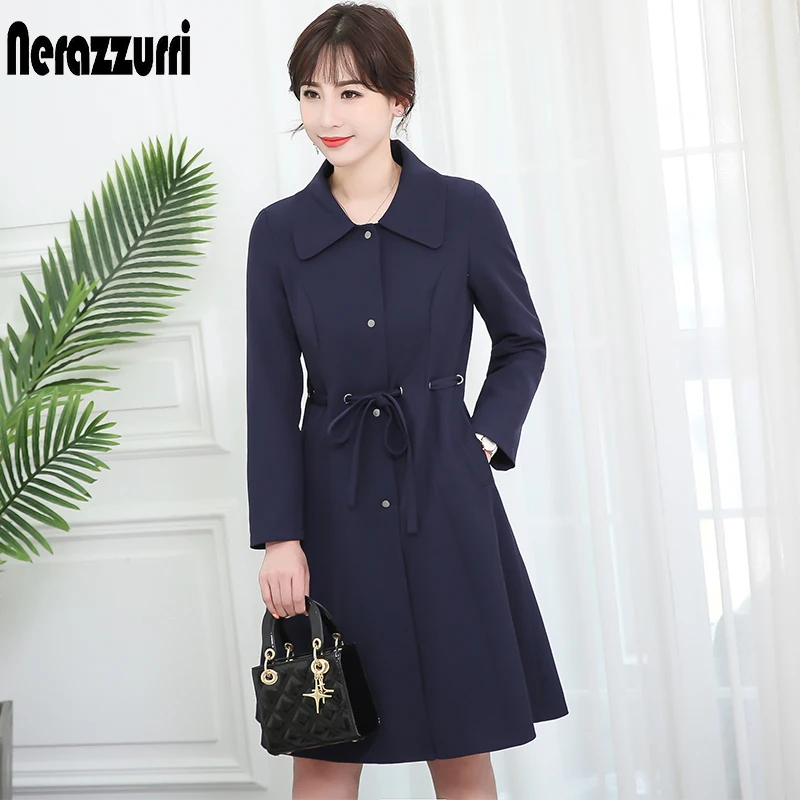 Nerazzurri, весенне-осеннее Женское пальто, темно-синий пояс,, осенняя женская мода, элегантный Тренч размера плюс, длинная верхняя одежда, 5xl, 6xl, 7xl