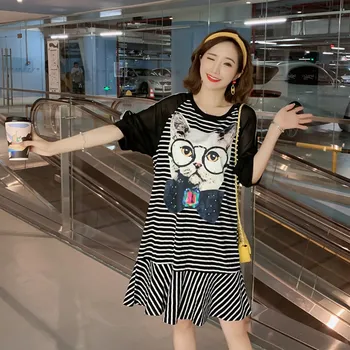 

Summer maternity dress new Korean version of the striped kitten loose breathable large size dress fashion pregnancy skirt