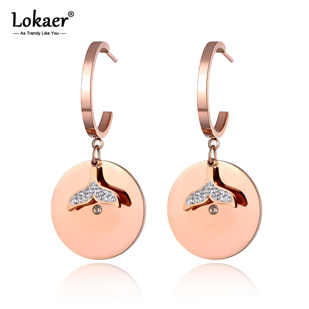 Lokaer серьги из розового золота и нержавеющей стали с буровым диском, богемные стразы, рыбий хвост, креативное ювелирное изделие для женщин и девушек E19103