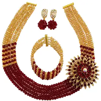 

Wine Gold AB Costume Necklace African Beads Jewelry Set for Women Nigerian Wedding Bridal Party Jewelry Sets 5C-SXJB017