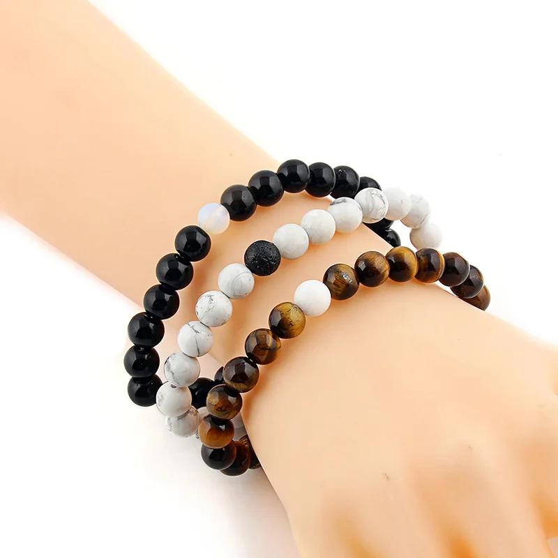 

3pcs/set 8mm Natural Stone Beads Bracelet Black White Brown Color Hematite Tiger Eye Yoga Jewelry Bracciali Stone Bracelet