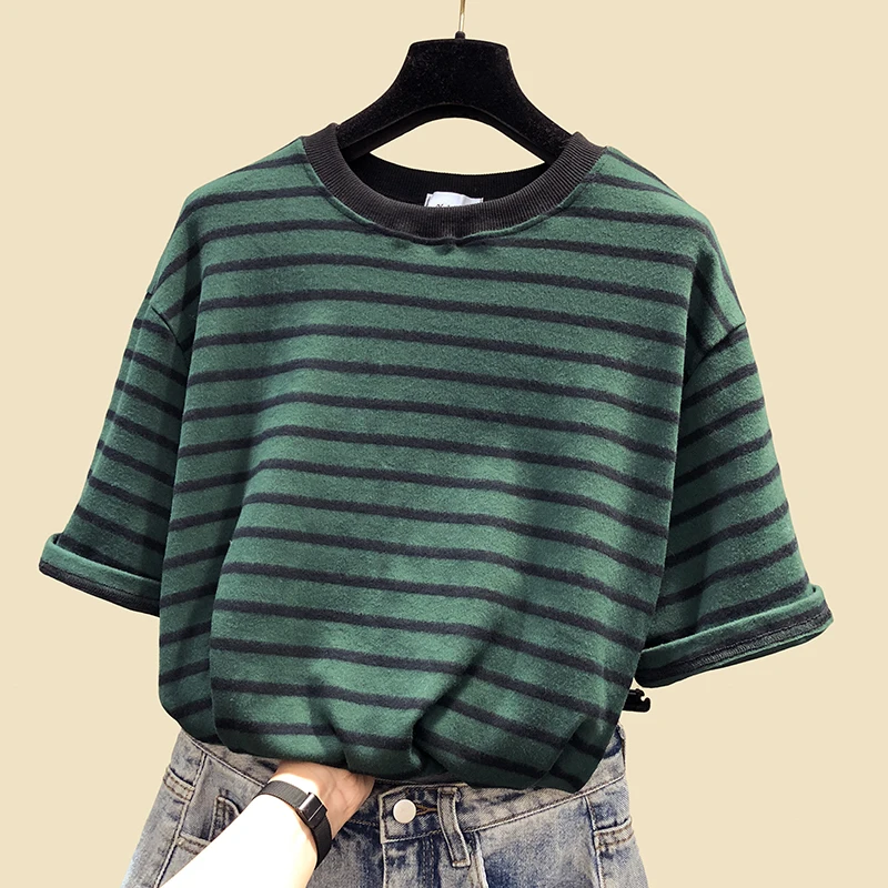

2019 Spring Woman Striped Cotton T Shirts Short Sleeve O Neck Solid Loose Casual Tees Tops Female Soft Home Tee Shirts
