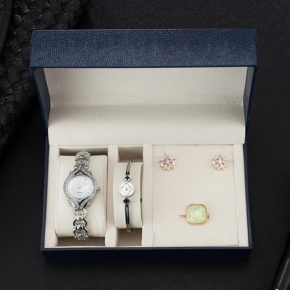 

2019 new watch set 4PCS bracelet/wristwatches/earring/rings set fashion stainless steel bangle with gift box for good friend