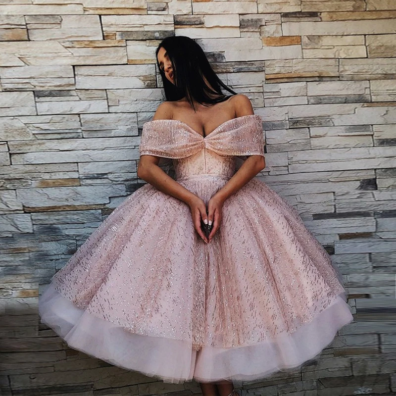 

Cute Ball Gown Women Prom Gowns Off The Shoulder Sequins Tulle Ankle Length Saudi Arabic Dubai Evening Party Dresses