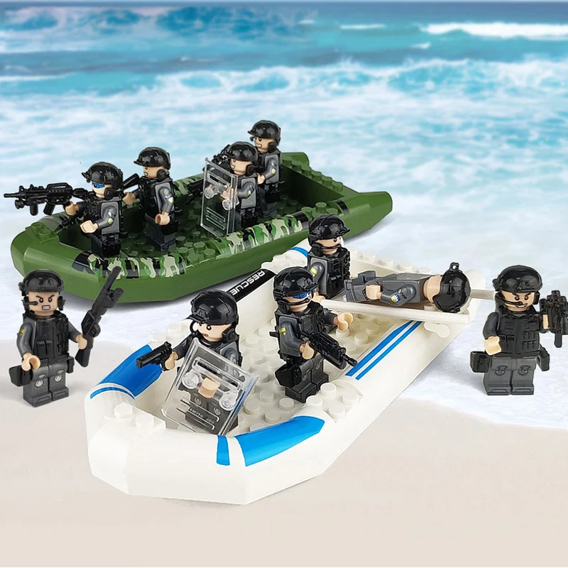 

Single sale Military Rubber Dinghy Camouflage Boat Building Block Army Special Forces Soldiers Accessories Bricks Boy Toy Gift