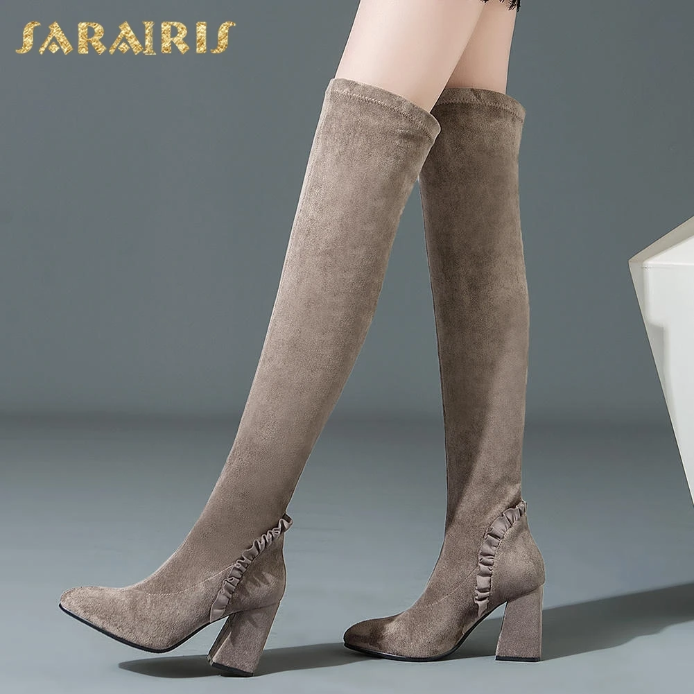 

SARAIRIS NEW Cow Suede Leather Hoof High Heels Women Shoes Woman Boots Over The Knee Boots Female Long Boots Woman