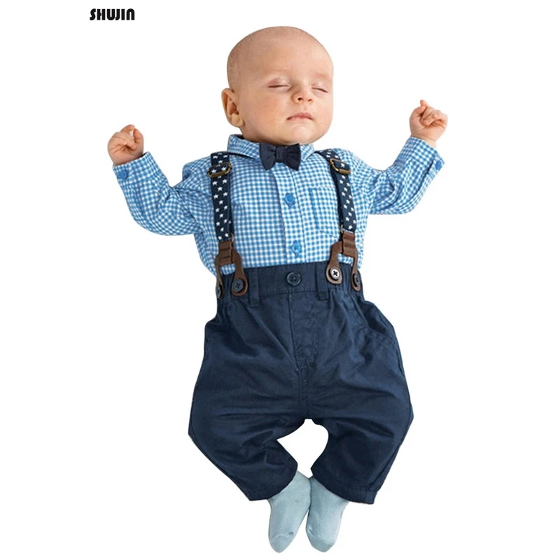 

Shujin Baby Boys Clothes Gentleman Long Sleeve Suit Plaid Shirt+Strap+Pant+ Bow Set of Four Outwear Jumpsuits Newborn Cloth