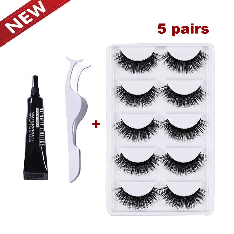 

BONNIE CHOICE Eyelash Glue Kit False Eyelashes Glue with Tweezer 5pairs mink eyelash Handmake Eyelash Extension Kit Tool