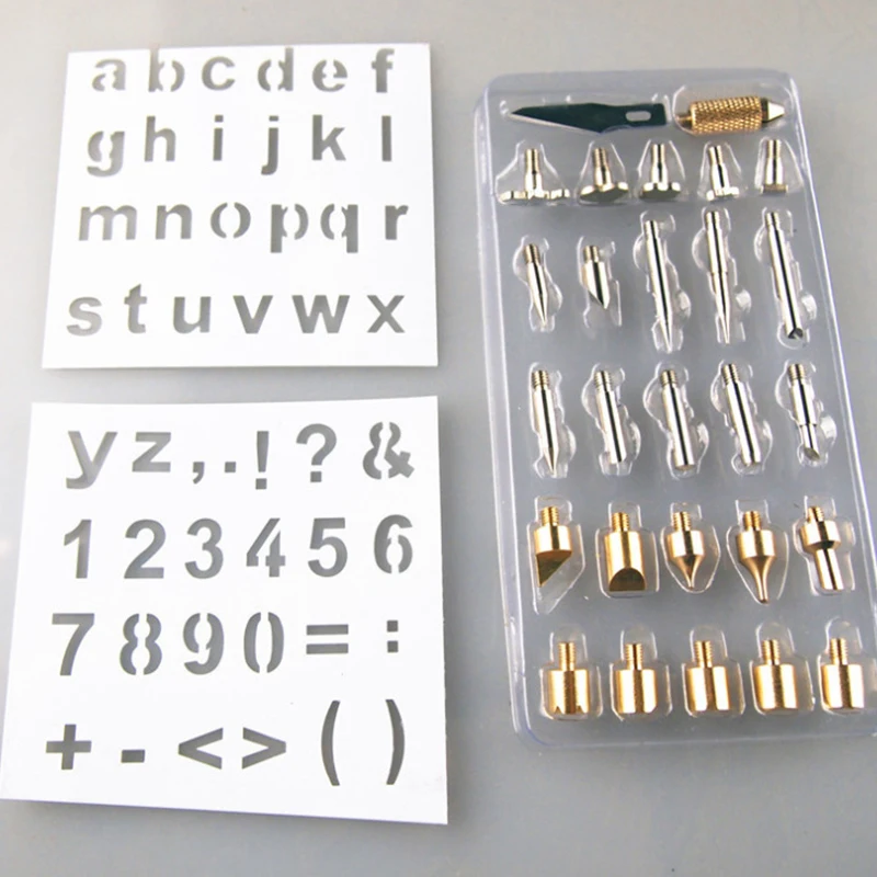 

28pcs Durable Wood Burning Pen Tips Set Soldering Pyrography Solder Nozzles With 2pcs Stencils Kit Tool